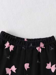 Sweet Bow Print Girls' Loungewear, Ruffle Trim Loose Long Sleeve Young Girl' Pajamas - Black - View 6