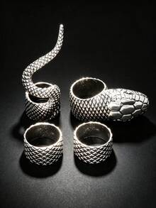 4Pcs Vintage Silver Tone Snake Pattern Rings Set Retro Textured Knuckle Rings Punk Style Women Party Jewelry - Antique Silver - View 5