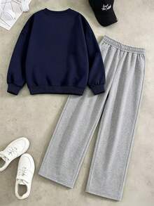 2pcs Boys Outfit Set, Crew Neck Letter & Lightning Print Sweatshirt With Casual Wide Leg Pants, Comfortable Autumn/Winter New Arrival - Navy Blue - View 3