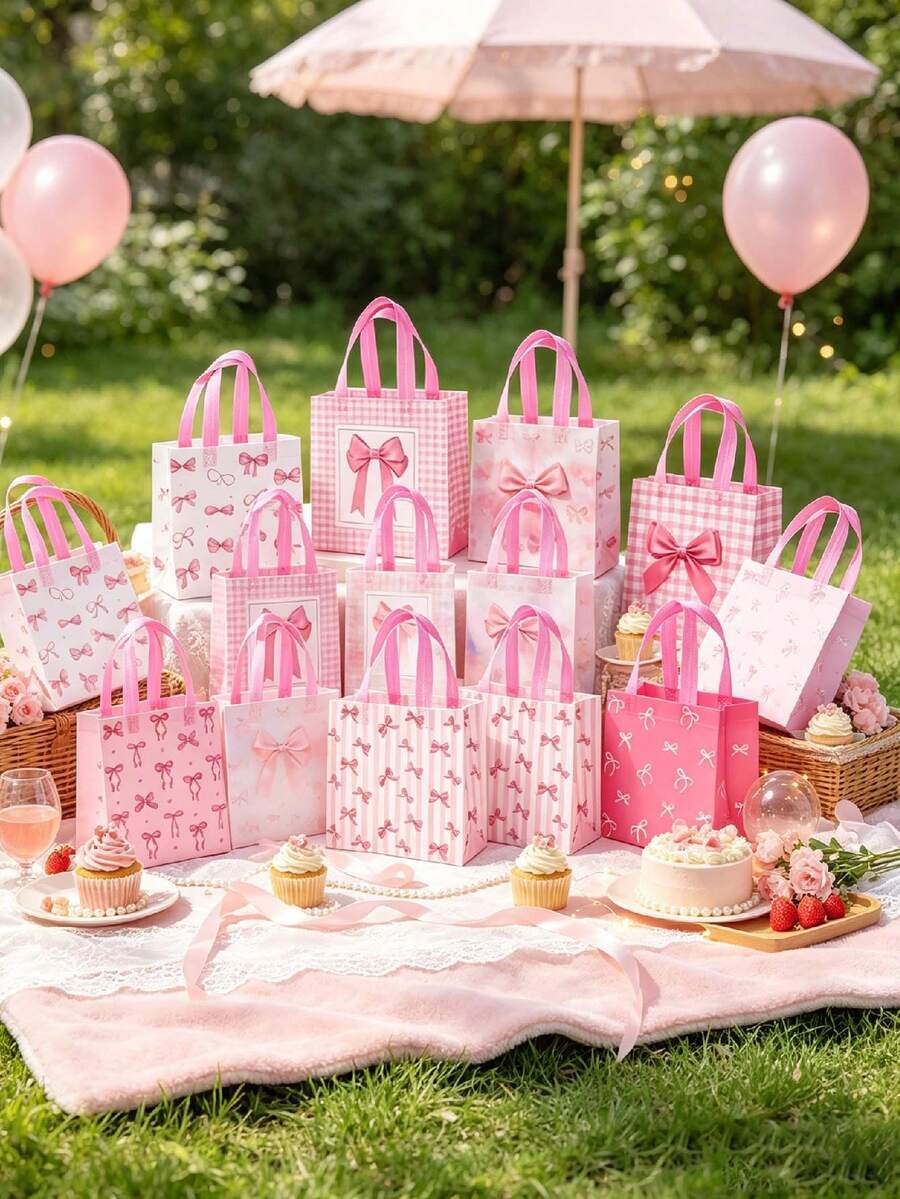 1/6pcs Pink Bow Non-Woven Fabric Gift Bags, Reusable Tote Bags ...