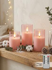 3pcs Pink Candle Lights With Adjustable Brightness And Timer Remote Control, Warm Flame, Birthday And Wedding Supplies, Christmas Preparation, Christmas Celebration, Valentine's Day, Gift, Party - Pink - View 5