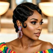 150% Density Finger Wave Human Hair 13x4 Front Lace Wig Natural Black 99J Short Hair Women's Wig - Multicolor - View 3