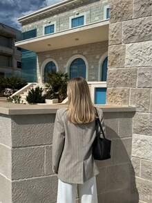 Women's Lightweight Pinstripe Double-Breasted Blazer, Loose Casual Fit, With Shoulder Pads Business Office Jacket Fall - Light Grey - View 3