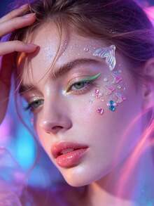 2pcs Mermaid Ocean Theme Face Gem Stickers, Iridescent Shell Fish Tail Rhinestone Pearl Face Decals, Self-Adhesive Face & Body Decoration, Suitable For Music Festival, Cosplay, Party,Halloween Costume - Multicolor - View 7