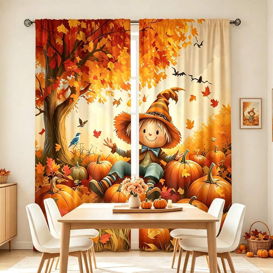 2 Stück ländliche Vogelscheuche & Ahornblatt Muster halbtransparente Vorhänge, 90GSM Polyester halbtransparent Sichtschutz, einfache Installation, schnelltrocknend, waschbar & farbecht, leichte abnehmbare Vorhänge, geeignet für Zuhause, Zimmer, Küche und andere Trennwände oder Dekoration - Verschiedenfarbig - Übersicht 1