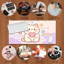 1 pieza Alfombrilla para ratón (Fondo rosa con patrón de gato de dibujos animados sosteniendo un corazón) – Alfombrilla de escritorio de goma extra grande y antideslizante, accesorio rectangular multifuncional para teclado de juegos/oficina, regalo festivo - Tapete para ratón - Ver 4