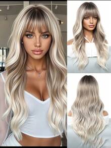 Wig Sintetis 24 Inci Ombre Akar Gelap Pirang Abu-abu, Poni Bergelombang Longgar Potongan Berlapis, Gaya Panjang Bervolume, Aksesori Fashion untuk Sehari-hari, Pesta, Halloween & Natal - Ombre - View 2