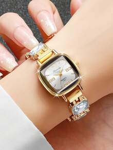 Women's Exquisite Square Digital Dial Bracelet Watch, Fashion Cut Rhinestone Inlaid Quartz Watch, Gift For Girlfriend (1pc/Set) Watch Box Not Included - White - View 5