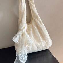 Dedoo 新中式刺繡優雅休閒女款托特包，大容量單肩手提包，適合上班、海邊使用，海灘包，隨機贈送圍巾 - 白色 - 查看 3