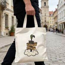 1 pieza, bolso de mano de lona estampado clásico de , con diseño vintage de cabeza de pájaro pintada, paraguas y nubes, eslogan en inglés, elegante bolso de gran capacidad, bolsa - A - Ver 2