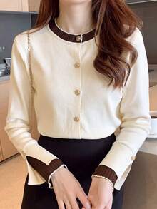 Contrast Color Round Neck Knit Cardigan Women Spring Autumn, Luxury Metal Button Color Block Long Sleeve Commuter Top, Suitable For Daily Wear Or Layering Under Blazer - Apricot - View 6