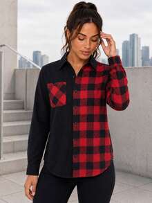 Women's Red And Black Plaid Patchwork Button Front Shirt With Chest Pocket, Long Sleeve Collared Casual Top - Black - View 4