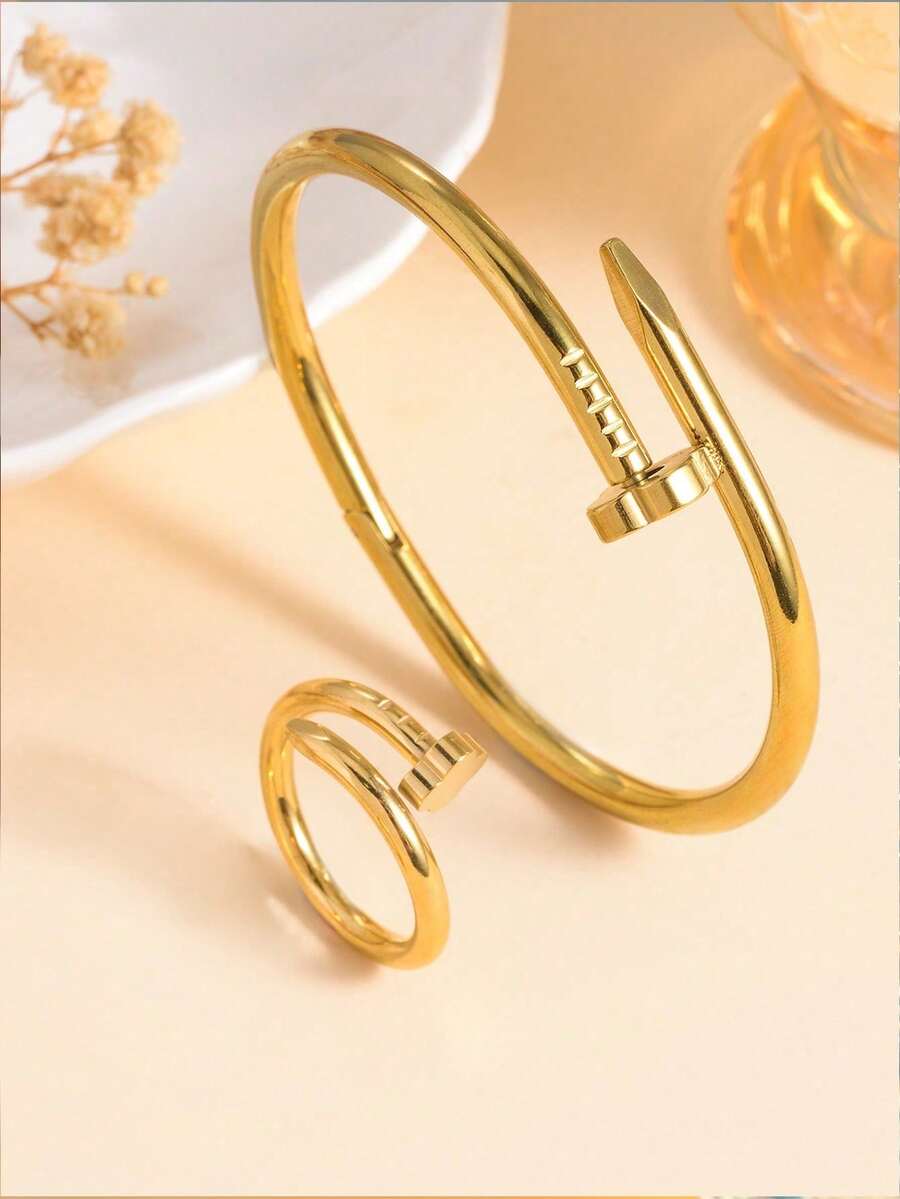 2pcs Anti-Fade Stainless Steel Clover Bracelet And Ring Set, Suitable For Daily Wear, Can Be Given As A Gift, Bracelet And Ring Size 6-9 Universal - 2 Pieces (ring + Bracelet) - View 1