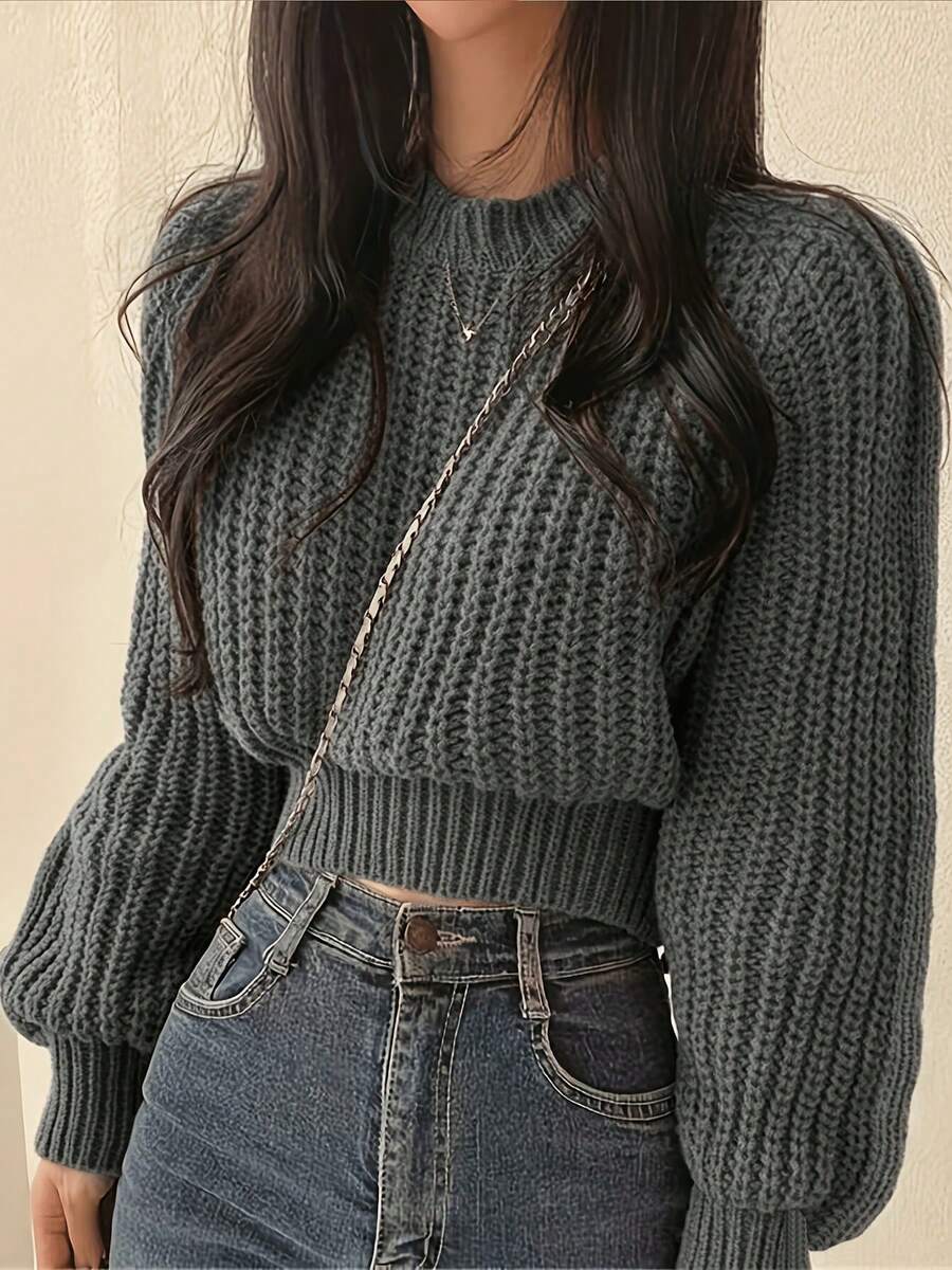 Women's Autumn/Winter Fashion Elegant Long Sleeve Solid Color Short Knit Sweater, Suitable For Daily Outings And Holiday Outfits - Grey - View 1