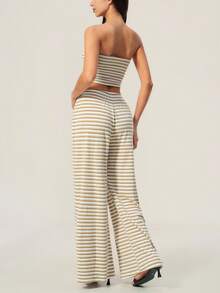 TimeOff Women's One Set Striped Strapless Bandeau Tank Top With Drawstring Waist And Side Pockets Wide Leg Pants 2 Pieces Set - Khaki - View 10