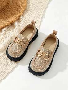 1 Pasang Sepatu Loafer Slip-On Gaya Inggris Vintage Berkilau dengan Hiasan Berlian Imitasi untuk Anak Perempuan, Cocok untuk Sekolah, Pemakaian Sehari-hari dan Festival, Musim Semi/Musim Gugur untuk Anak-anak Ukuran Sedang hingga Besar - Aprikot - View 1