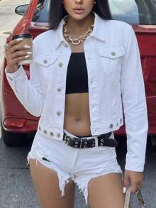 Women's Single-Breasted Casual Versatile Daily Denim Jacket - White - View 6
