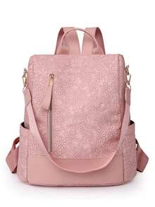Mochila de viaje diario de moda con gran capacidad y diseño antirrobo en bloques de color - Rosa - Ver 2