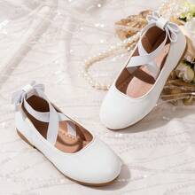 Girls' Cross Strap Bow Ballet Shoes, White Soft Sole Leather Shoes, Flower Girl Performance Shoes - White - View 1