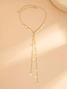 1pc Fashion Minimalist Street Style Vintage Metal Disc Pendant Necklace, Y-Shaped Disc Tassel Collarbone Chain, Suitable For Parties, Vacations, Gifts For Friends And Family, Daily Wear - Gold - View 3