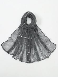 1件女款透氣時尚金線亮片頭巾 純色薄紗披肩 - S53680-深灰色 - 查看 1