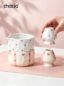 choxila 1 Set/2pcs Korean Ins Style Cute Ceramic Matcha Bowl And Tea Whisk Holder Set, Handmade Shaped With Hand-Painted Asymmetrical Design, Handmade Tilted Bowl - Pink Matcha Bowl Two-piece Set - View 5