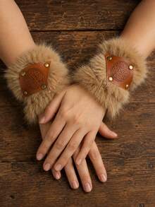 1 Pair Viking Style Faux Fur Wrist Cuffs With Celtic Knot, Medieval PU Leather Bracers, Suitable For Renaissance Fair, Halloween Cosplay - Hand Decorations - View 4