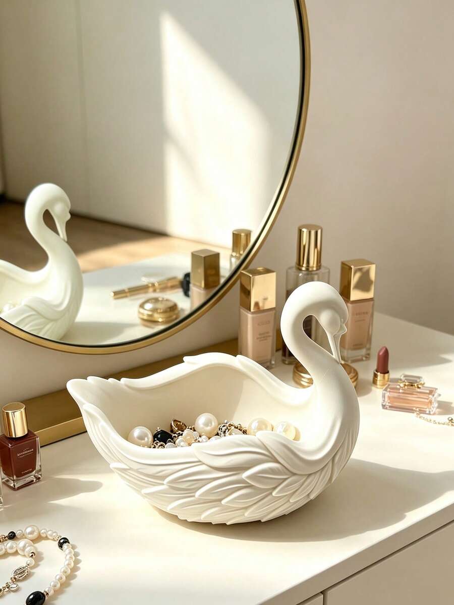 Swan-Shaped Jewelry Tray, Matte White Resin Decorative Trinket Dish, Elegant Desktop Organizer For Rings, Earrings, Necklaces - Multicolor - View 1
