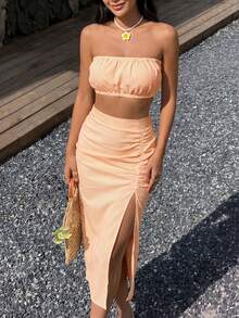 Women's Sexy Casual Cute Striped Strapless Ruched Slit Two Pieces Outfit Summer Elegant - Orange - View 3