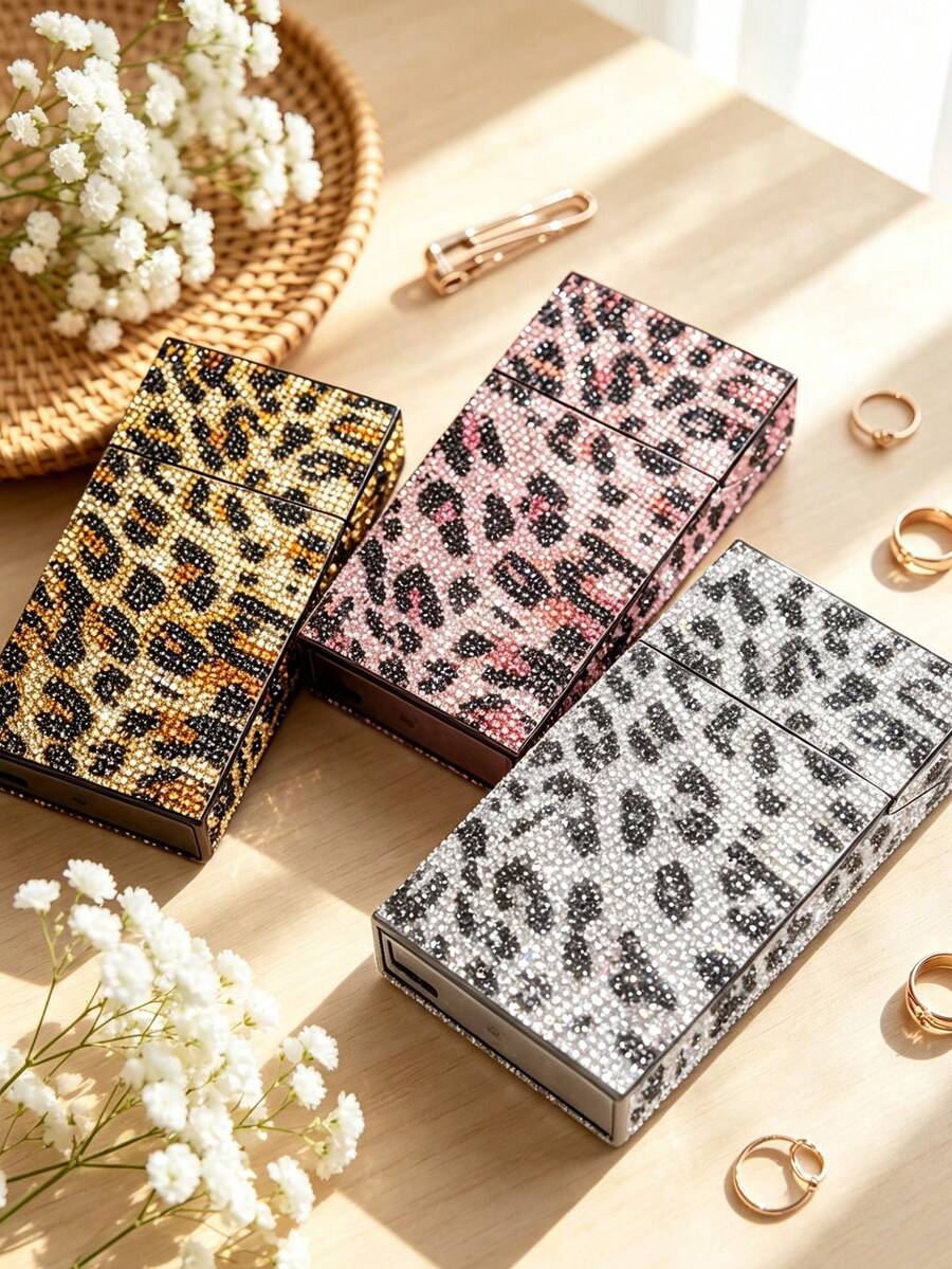 Full Rhinestone Leopard Print Mini Hair Clip Storage Box, Luxury Portable Multi-Functional Storage Box, INS Style Makeup Tool Storage Bag. Flip Cover Dust-Proof Design, Suitable For Travel, Hotel, Commuting And Daily Use. Exquisite Rhinestone Leopard Print Design, Perfect For Beauty Bloggers And Makeup Lovers, Can Store Mini Makeup Brushes, Lip Brushes, Fashionable And Versatile Makeup Storage Item. Couples, Birthday Gift, Back To School, Teacher's Day - Multicolor - View 1
