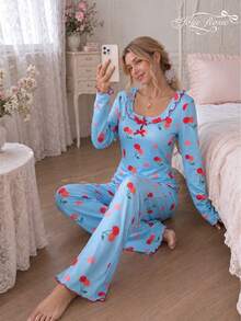 2pcs Set Pakaian Santai Wanita Kasual Motif Ceri dengan Hiasan Ruffle, Lengan Panjang, Leher Persegi, Musim Gugur - Biru - View 3