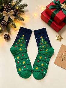 4/1 Pair Christmas Theme Christmas Tree Pattern Mid-Calf Socks Autumn Winter Holiday Atmosphere Comfortable Skin-Friendly Breathable Festive Gift Versatile Women's Socks - Green - View 5