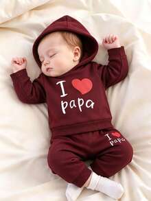 2pcs/Set Baby Toddler Fashion Casual Spring/Autumn New Valentine's Day Heart Pattern Long Sleeve Hooded Sweatshirt + Long Pants Outfit Set - Burgundy - View 2