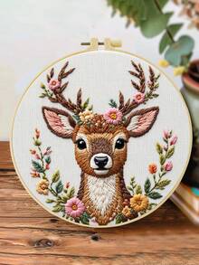 Cute Deer Floral Embroidery Kit, Suitable For Adult Beginners. Includes Instructions, Printed Fabric, Embroidery Hoop, Needles, Threads And Stitch Guide. Perfect Home Gift For Women. Size: 15x15cm/5.9in Or 20x20cm/7.9in - Deer - View 5