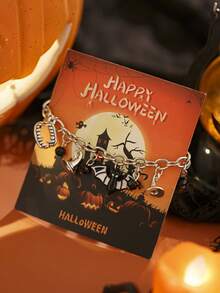 1 Peça Pulseira Estilo Punk Escuro para Halloween, Corrente Prateada Grossa com Morcego, Aranha, Presa, Chapéu de Bruxa, Pingentes Legais, Decorada com Acessórios de Cristal Preto Falso, Comprimento de Corrente Ajustável, Estilo Personalizado de Nicho, Adequado para Fantasia de Halloween, Uso Diário e Festa Temática, Cheio de Atmosfera - Prata - Visão 6