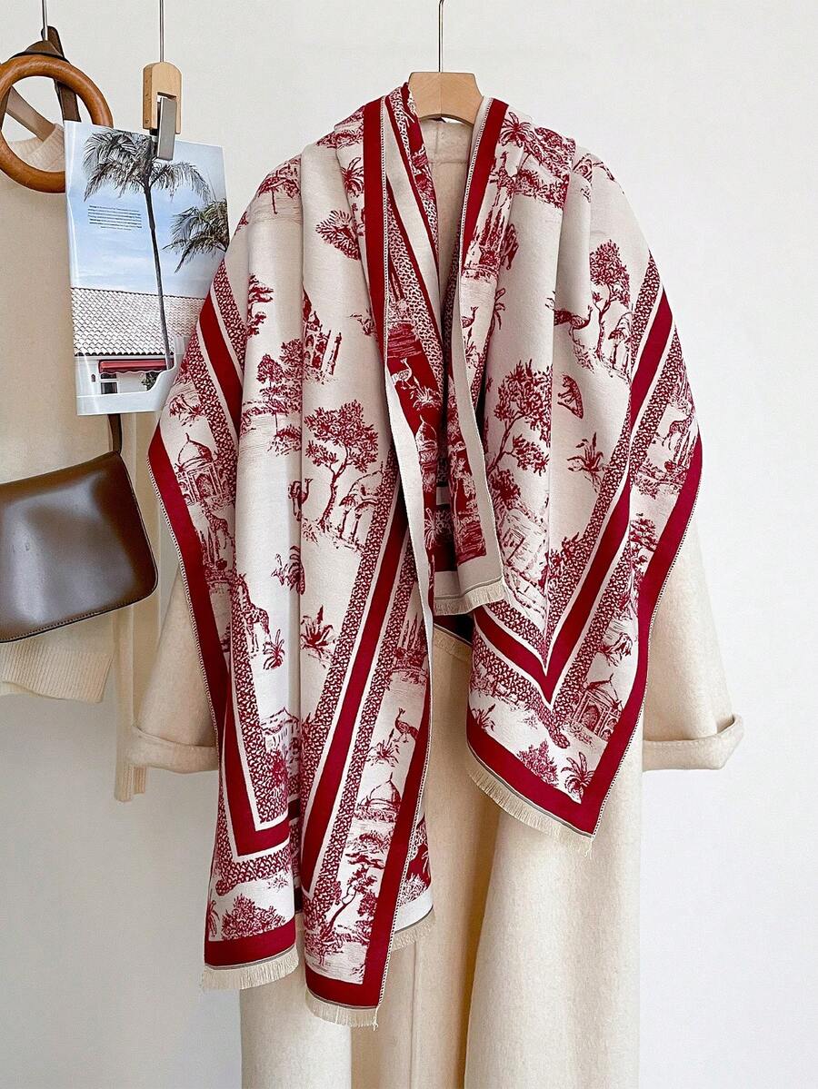 1pc Retro Scenic Wildlife Building Print 65*185cm Rectangle Scarf, Thick Faux Cashmere Brushed Polyester, Winter Shawl For Travel Party Daily Outing - Multicolor - View 1
