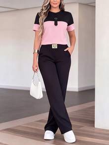 Women's Spring/Autumn New Solid Color Minimalist Round Neck Short Sleeve Top And High Waist Straight Leg Pants 2-Piece Set Elegant - Pink+Black - View 3