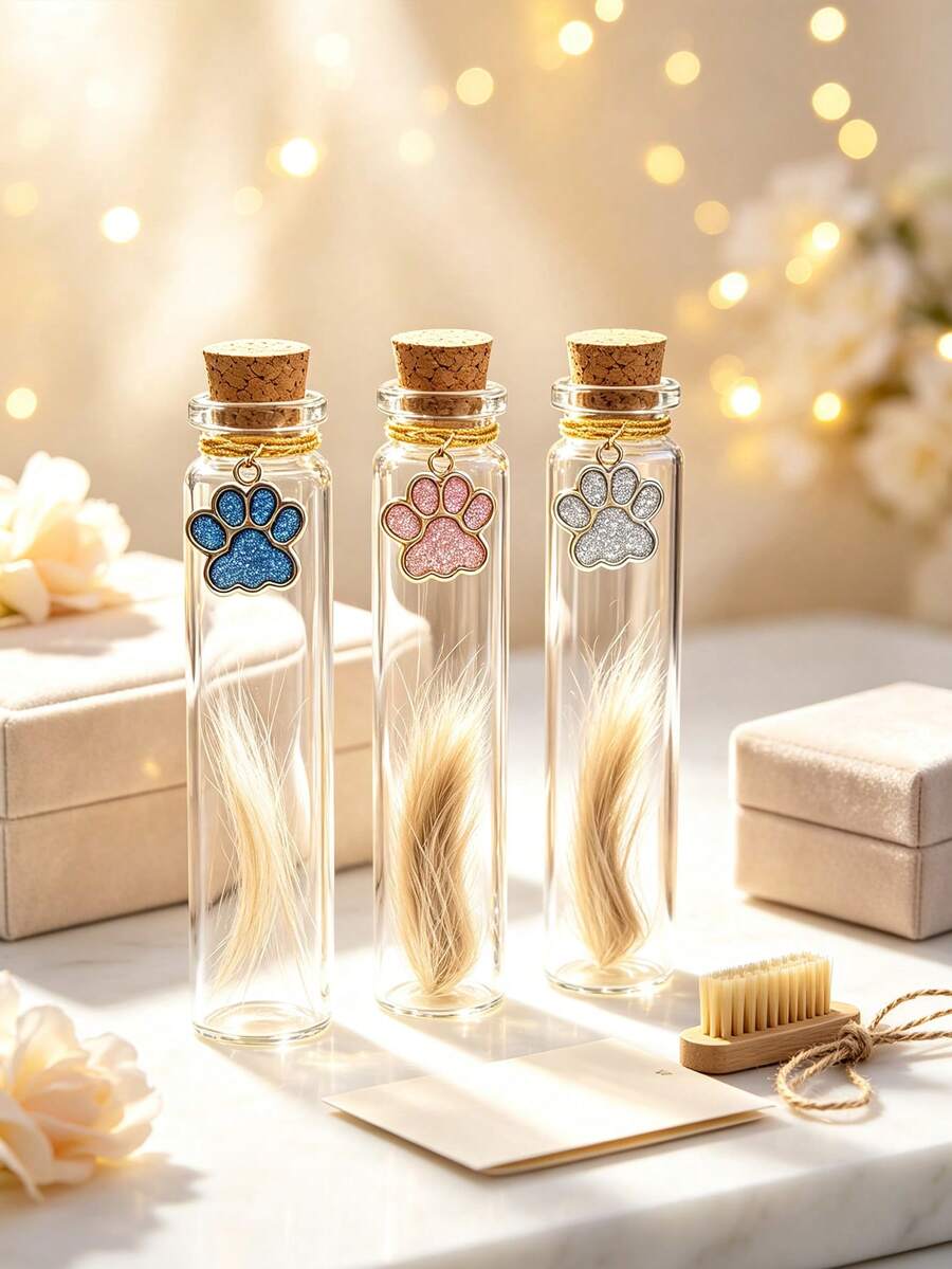 Pet Hair Memorial Bottle, Pet Hair Collection Jar, Transparent Glass Pet Memorial Bottle With Paw Print Pendant, Dog Hair And Cat Whisker Mini Memorial Can, Pet Owner Pet Loss Memorial Gift - Multicolor - View 1