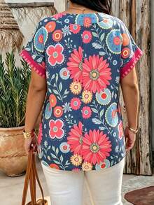 Plus Size Women's V-Neck Printed Short Sleeve Blouse, Roll-Up Sleeves, Casual Woven Top, Perfect For Spring And Summer Wear - Multicolor - View 5