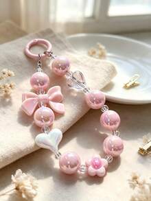 1pc Pink Iridescent Beaded Keychain, Bow Heart Flower Pendant Chain, Sweet Girl Style Bag Charm Car Key Chain, Daily Accessory Holiday Gift For Girlfriend Best Friend Aesthetic Design - Multicolor - View 4