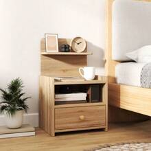 Side Table, Nightstand With Storage, Particle Board, Tip-Over Resistant, Modern, Natural Wood - 天然木材 - 查看 5