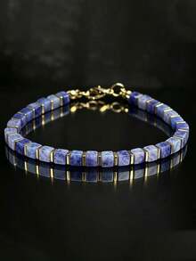 Square Apatite Bracelet | Gold Hematite Accents | Artist's Elegant Creation | Unisex | Father's Day Gift - Lapis Lazuli 2 - View 2