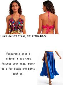 V Neck Colorful Sequin Gold Pendant Halter Dance Crop Top Satin High Waist High Slit Flowy Maxi Dance Skirt Exotic Stage Performance Dance Wear - Multicolor - View 9