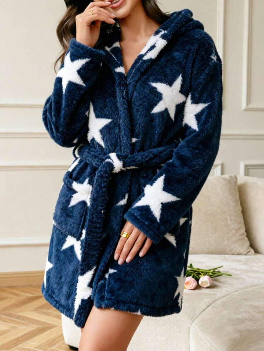 Women's Winter Thermal Lined Thickened Flannel Nightgown, Mid-Length Star Print Sleepwear, Wearable Robe Bathrobe - Navy Blue - View 1