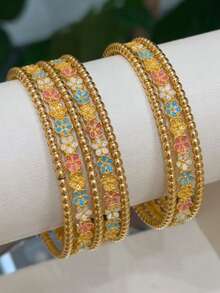 5-Piece 21K Gold Plated Banajer Bangle Set, Rust-Resistant Gold Alternative Colorful Enamel Flower Beaded Ball Stackable Bracelet Fine Jewellery - Floral Combination Bracelet - View 2