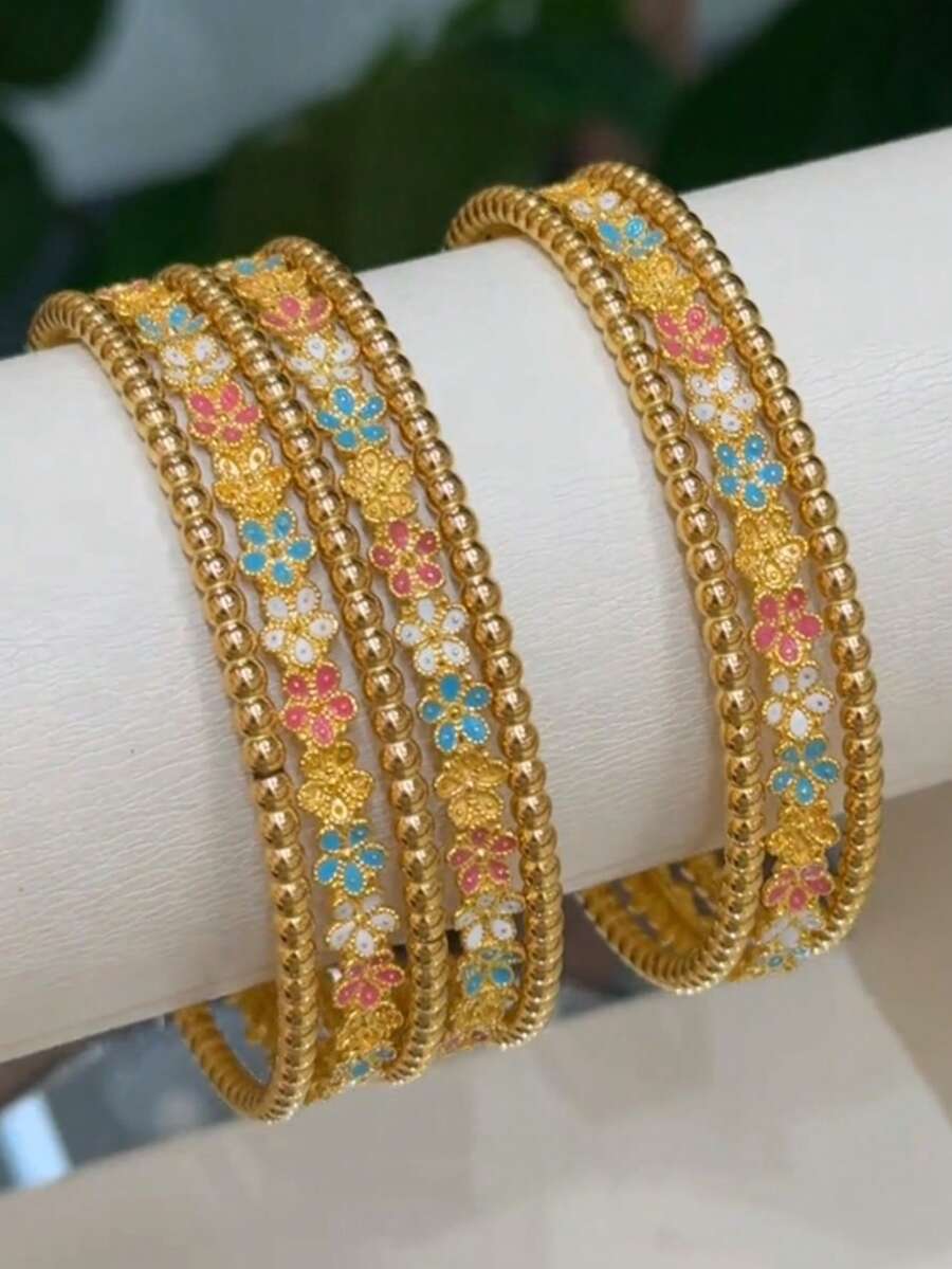 5-Piece 21K Gold Plated Banajer Bangle Set, Rust-Resistant Gold Alternative Colorful Enamel Flower Beaded Ball Stackable Bracelet Fine Jewellery