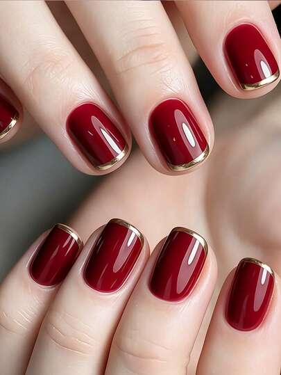 24PCS Handmade Wine Red Gold French Line Press On Short Square Nails, Elegant Wedding Autumn Winter Salon Nail Kit With Jelly Tabs