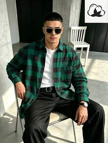WAIT HIM 男士休闲拼接格子长袖衬衫，圣诞礼物 - 綠色 - 查看 3