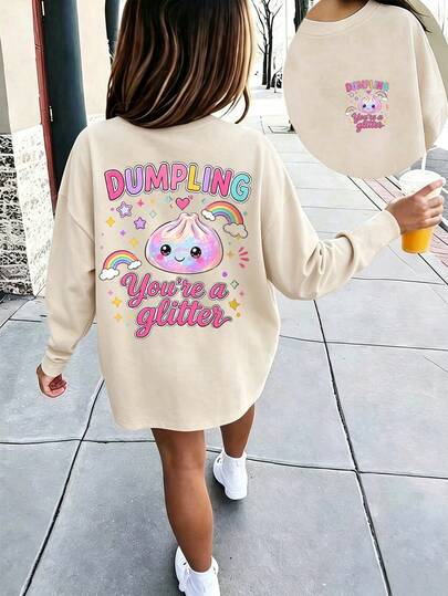 Tween Girls Long Sleeve Tee, Cute Glitter Dumpling Rainbow Back Graphic Print, Fall Winter Casual Daily Tops