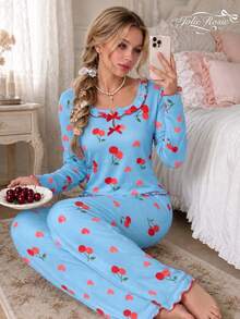 2pcs Set Pakaian Santai Wanita Kasual Motif Ceri dengan Hiasan Ruffle, Lengan Panjang, Leher Persegi, Musim Gugur - Biru - View 4